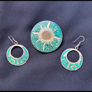 Turquoise & Silver Brooch and Earrings